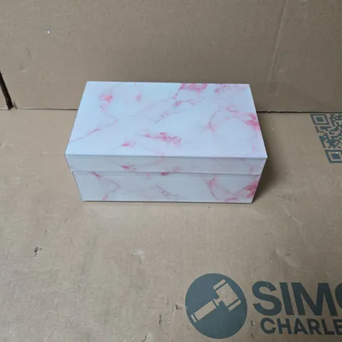 WHITE & PINK GLASS MARBLE-EFFECT JEWELLERY BOX WITH MIRROR AND COMPARTMENTS