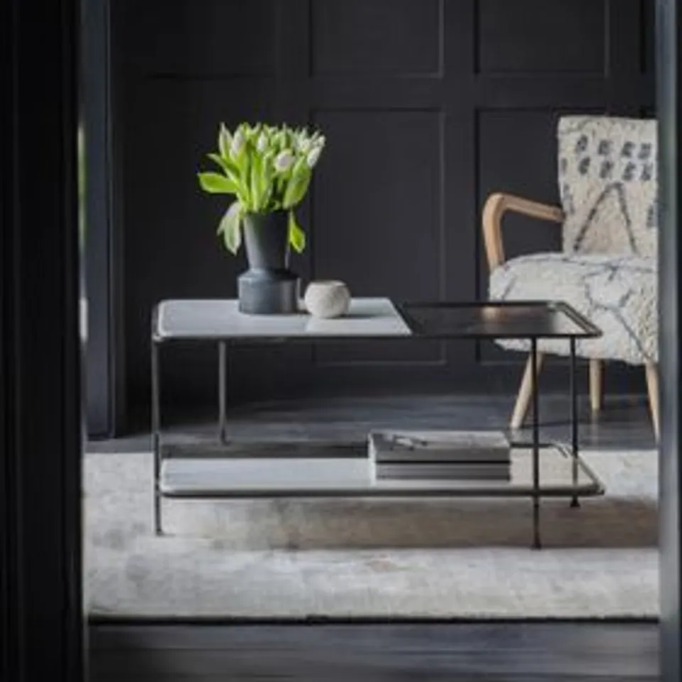 BOXED ATKIN & THYME MILLER MARBLE AND METAL COFFEE TABLE