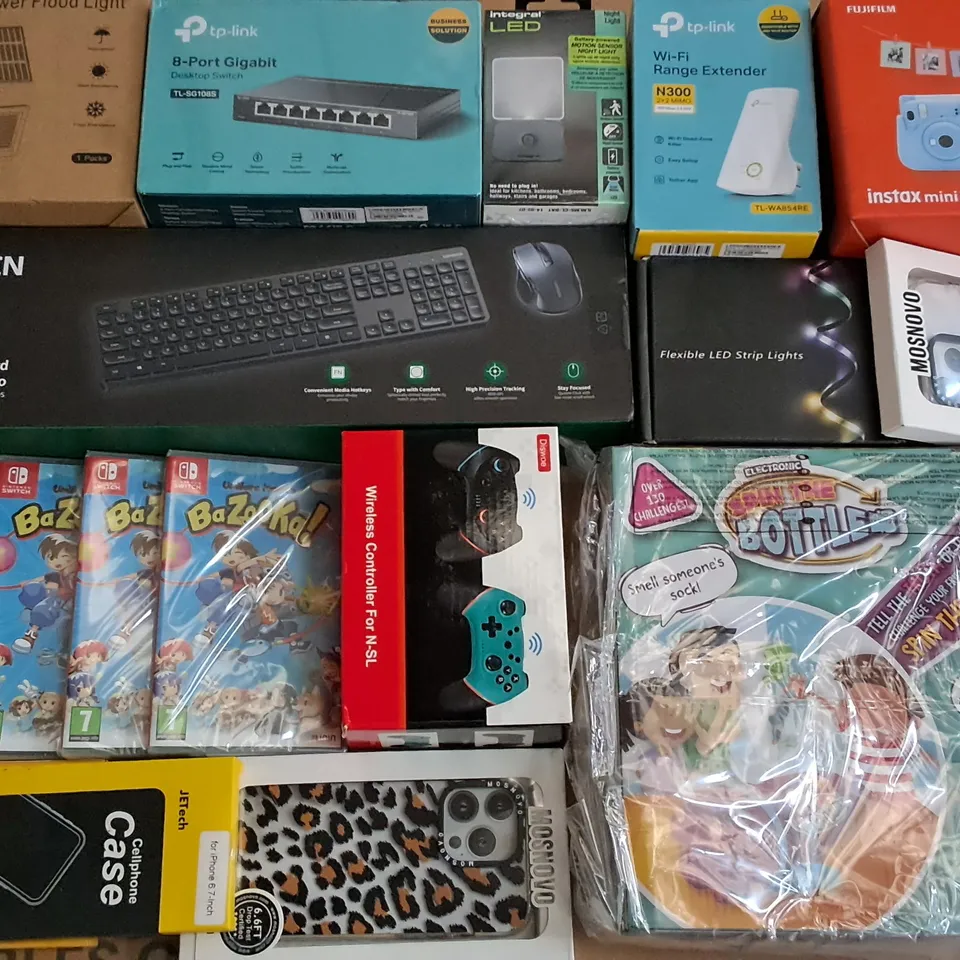 LARGE QUANTITY OF ASSORTED ITEMS TO INCLUDE TP-LINK 8-PORT GIGABIT, UGREEN KEYBOARD AND MOUSE COMBO AND BAZOOKA SWITCH GAME