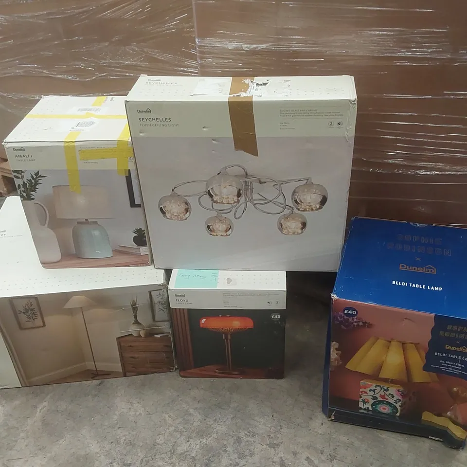 PALLET CONTAINING A VERY LARGE QUANTITY OF ASSORTED DESIGNER LIGHTING PRODUCTS INCLUDING: BELDI TABLE LAMP, SEYCHELLES FLUSH CEILING LIGHT, FLOYD TABLE LAMP, DIGBY TRIPOD FLOOR LAMP, AMALFI TABLE LAMP