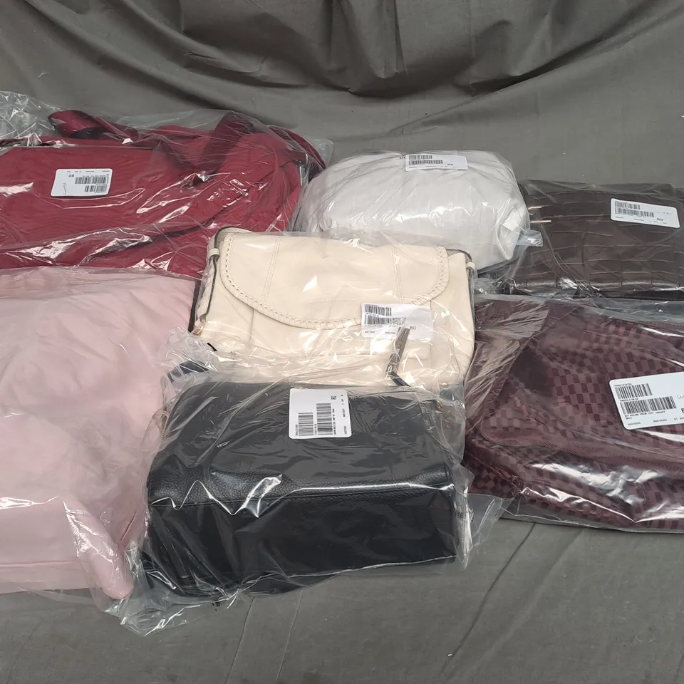 BOX OF ASSORTED BAGS FROM VARIOUS BRANDS IN VARIOUS STYLES, SIZES AND COLOURS ETC. 