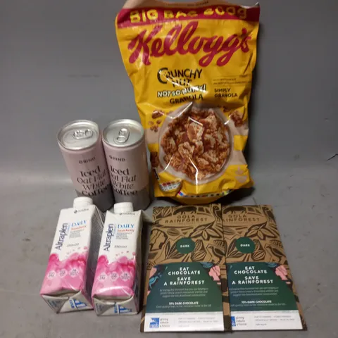 APPROXIMATELY 10 ASSORTED FOOD/DRINK PRODUCTS TO INCLUDE KELLOGG'S CRUNCHY NUT GRANOLA, GOLA RAINFOREST CHOCOLATE, GRIND COFFEE DRINKS ETC - COLLECTION ONLY 