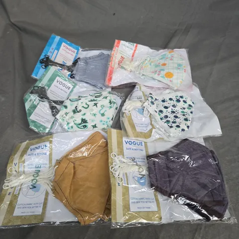 BOX OF APPROXIMATELY 50 ADJUSTABLE FABRIC FACE MASKS IN ASSORTED DESIGNS