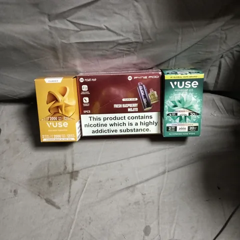 APPROXIMATELY 25 ASSORTED E-CIGARETTE PRODUCTS INCLUDING VUSE, PYNE POD AND ELFBAR PRO