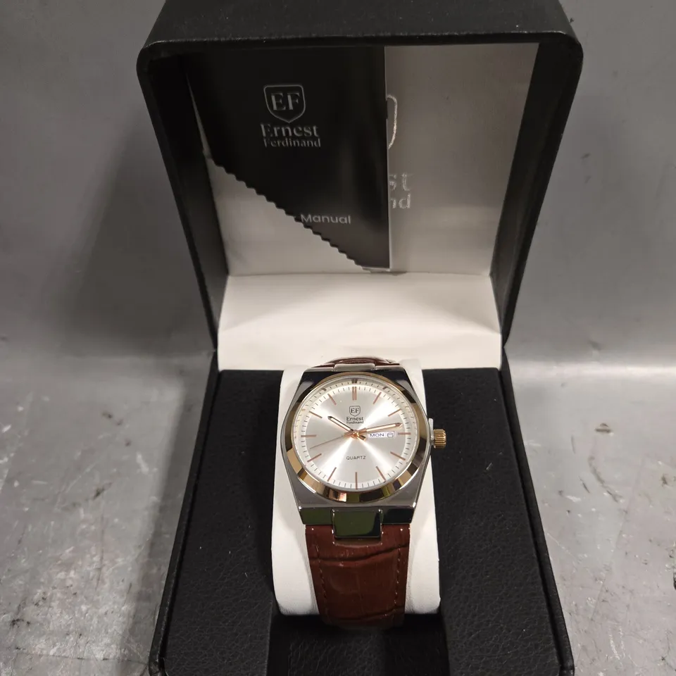 MENS ERNEST FERDINAND WATCH – DAY DATE CALENDAR DIAL – LEATHER STRAP 