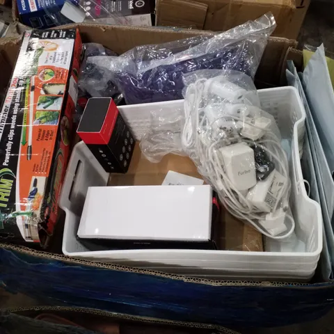 BOX CONTAINING ASSORTED PRODUCTS INCLUDING CORDLESS LAWN TRIMMER, STORAGE BASKETS, HIGH-DEFINITION MULTIMEDIA INTERFACE, LASER COLLIMATOR