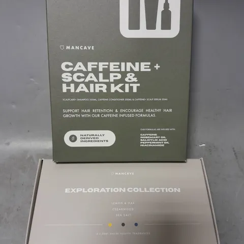 2 MANCAVE SETS TO INCLUDE CAFFEINE SCALP/HAIR KIT & EXPLORATION COLLECTION 