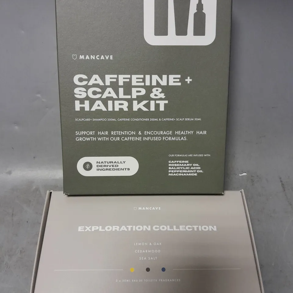 2 MANCAVE SETS TO INCLUDE CAFFEINE SCALP/HAIR KIT & EXPLORATION COLLECTION 