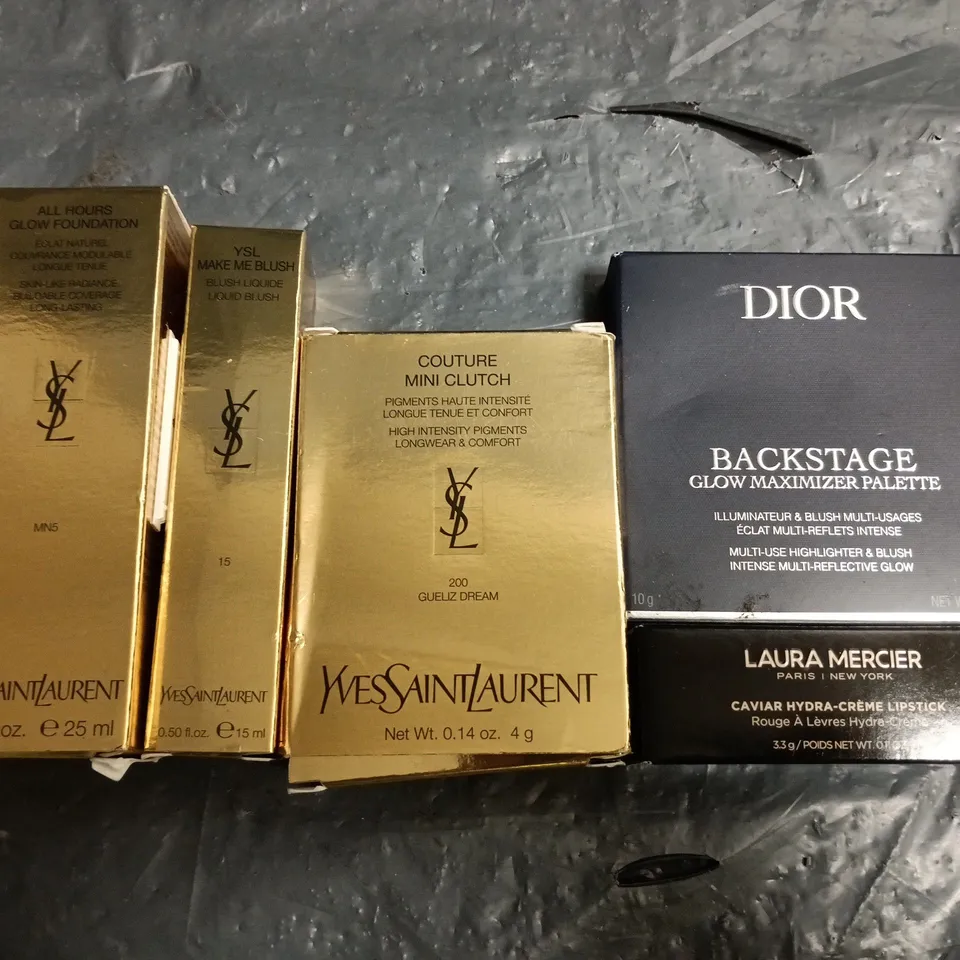 LOT OF 5 DESIGNER MAKE UP ITEMS TO INCLUDE DIOR HIGHLIGHTER AND BLUSH, LAURA MERCIER LIPSTICK AND YVES SAINT LAURENT GLOW FOUNDATION