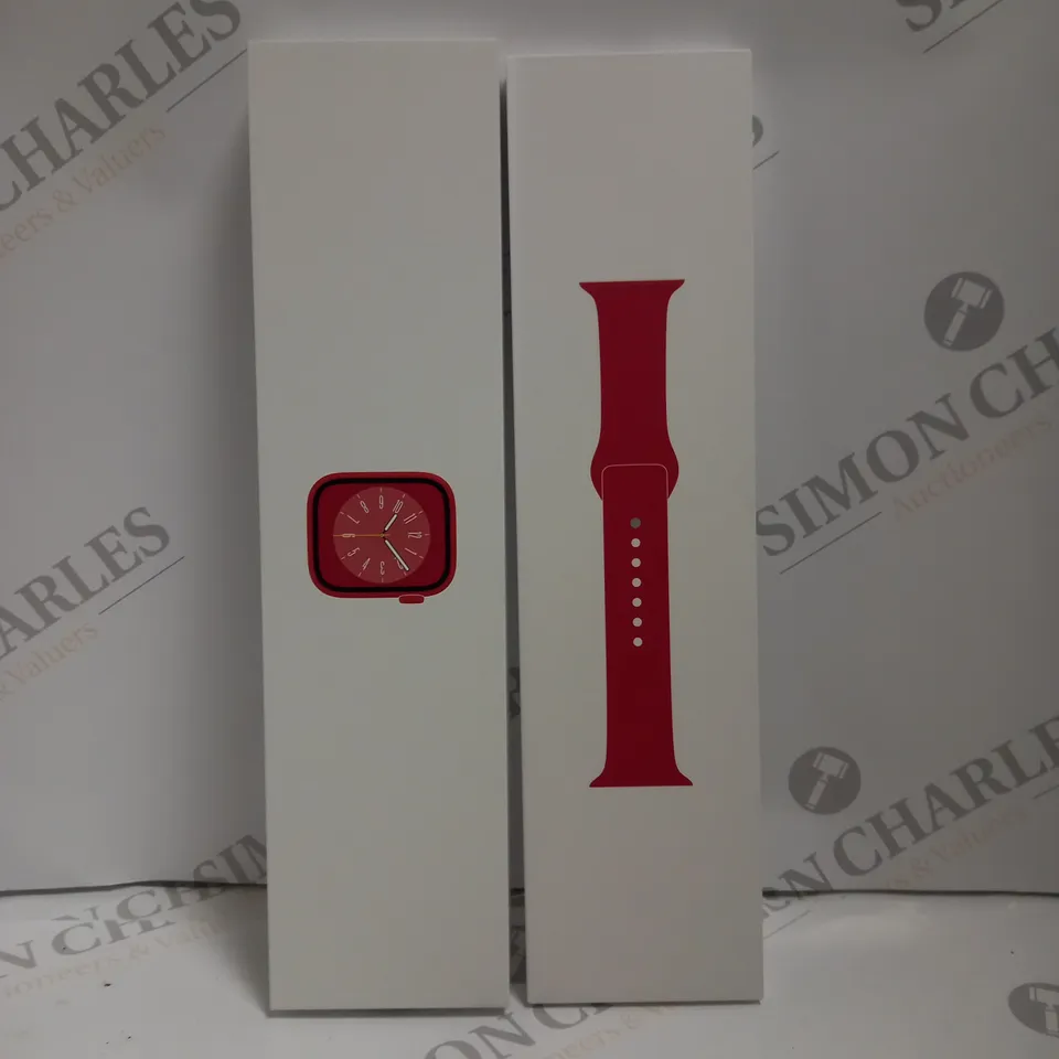BOXED APPLE WATCH SERIES 8 IN RED, 41MM WITH STRAP
