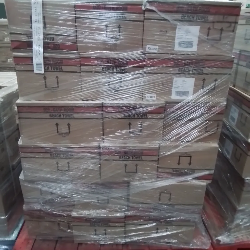 PALLET CONTAINING APPROXIMATELY 40 6-PACK BOXES OF BRAND NEW SUMMER THEMED BEACH TOWELS 