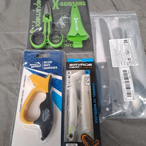 APPROXIMATELY 15 SHARP HOUSEHOLD PRODUCTS TO INCLUDE SCISSORS, KNIFE SHARPENER AND CUTLERY