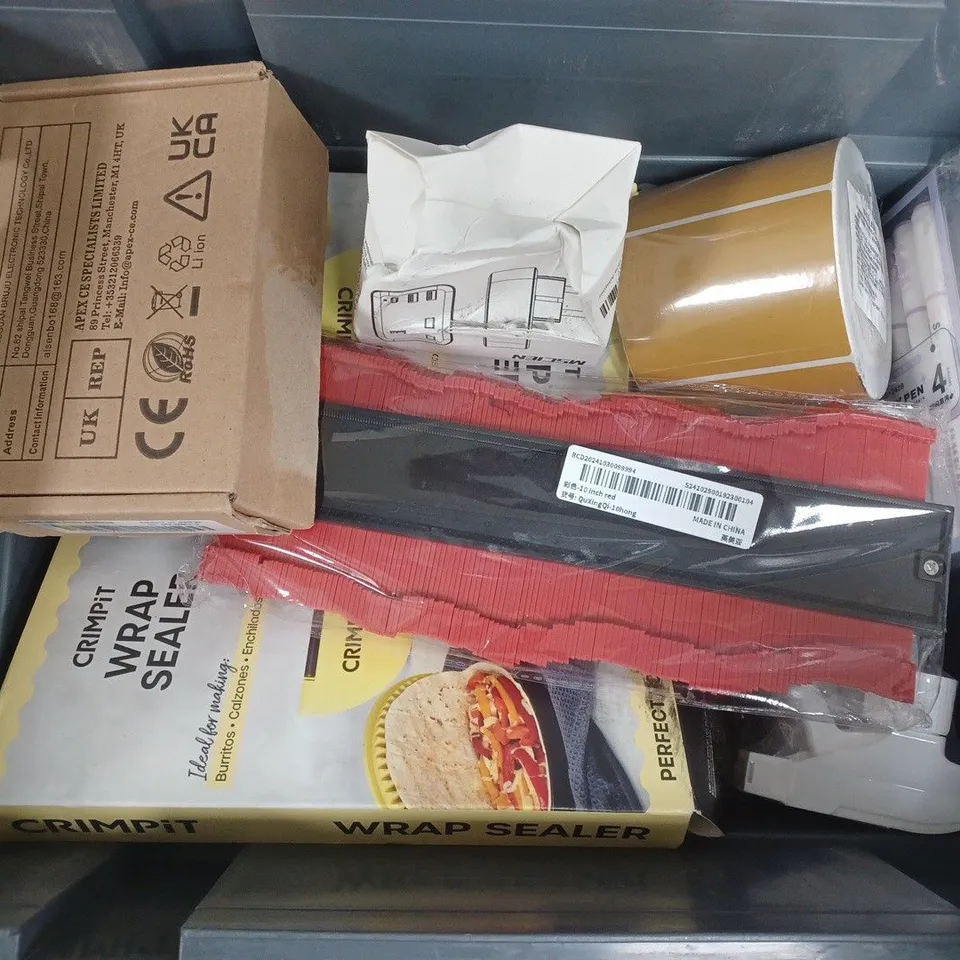 APPROXIMATELY 12 ASSORTED HOUSEHOLD ITEMS TO INCLUDE CRIMPIT WRAP SEALER, TRAVEL PLUG ADAPTOR, ALL WEATHER ADHESIVE, ETC