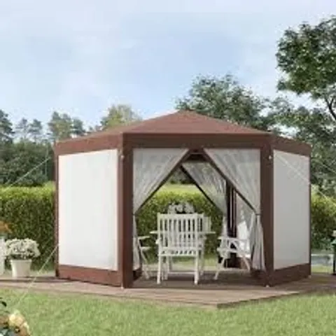 BOXED OUTSUNNY HEXAGONAL GARDEN GAZEBO PATIO PARTY OUTDOOR CANOPY TENT SUN SHELTER WITH MOSQUITO NETTING AND ZIPPED DOOR, BROWN