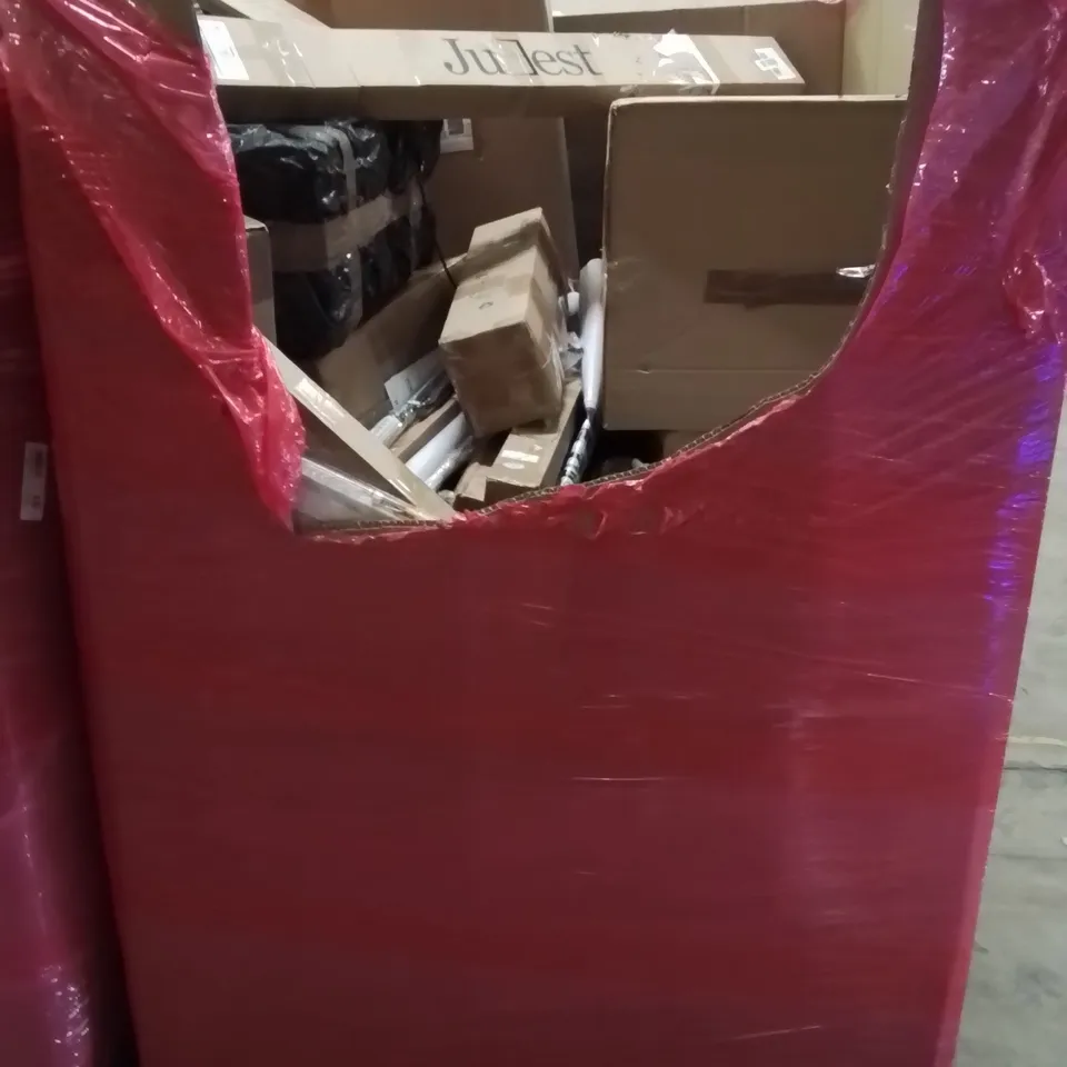PALLET CONTAINING VARIOUS ASSORTED BOXED HOUSEHOLD ITEMS TO INCLUDE: DECK UMBRELLA MOUNT, FILM ROLLS, AIR COOLER SWIMMING POOL AND LOTS MORE UNMARKED BOXED ITEMS 