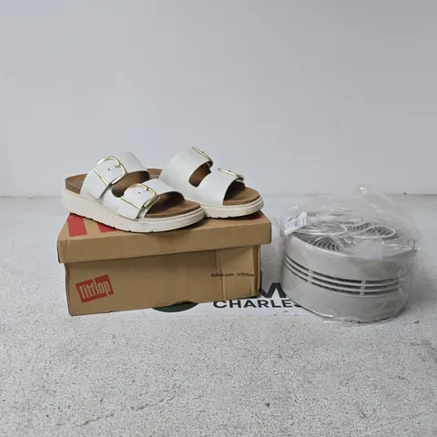 BOX OF APPROXIMATELY 10 ASSORTED ITEMS TO INCLUDE FAN, FITFLOP SHOES ETC