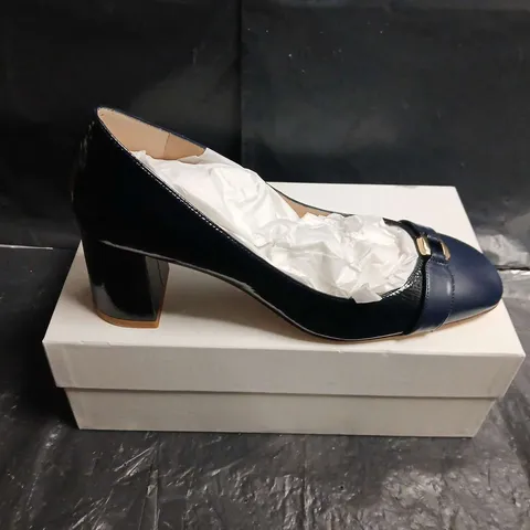 BOXED PAI OF LK BENNETT NAVY BLUE PATENT LEATHER LOAFERS WITH BUCKLE DETAIL – WOMEN'S - UK SIZE 41