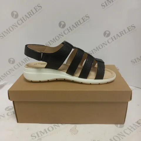 BOXED PAIR OF CUSHION WALK VELCRO SANDALS, BLACK - SIZE 5