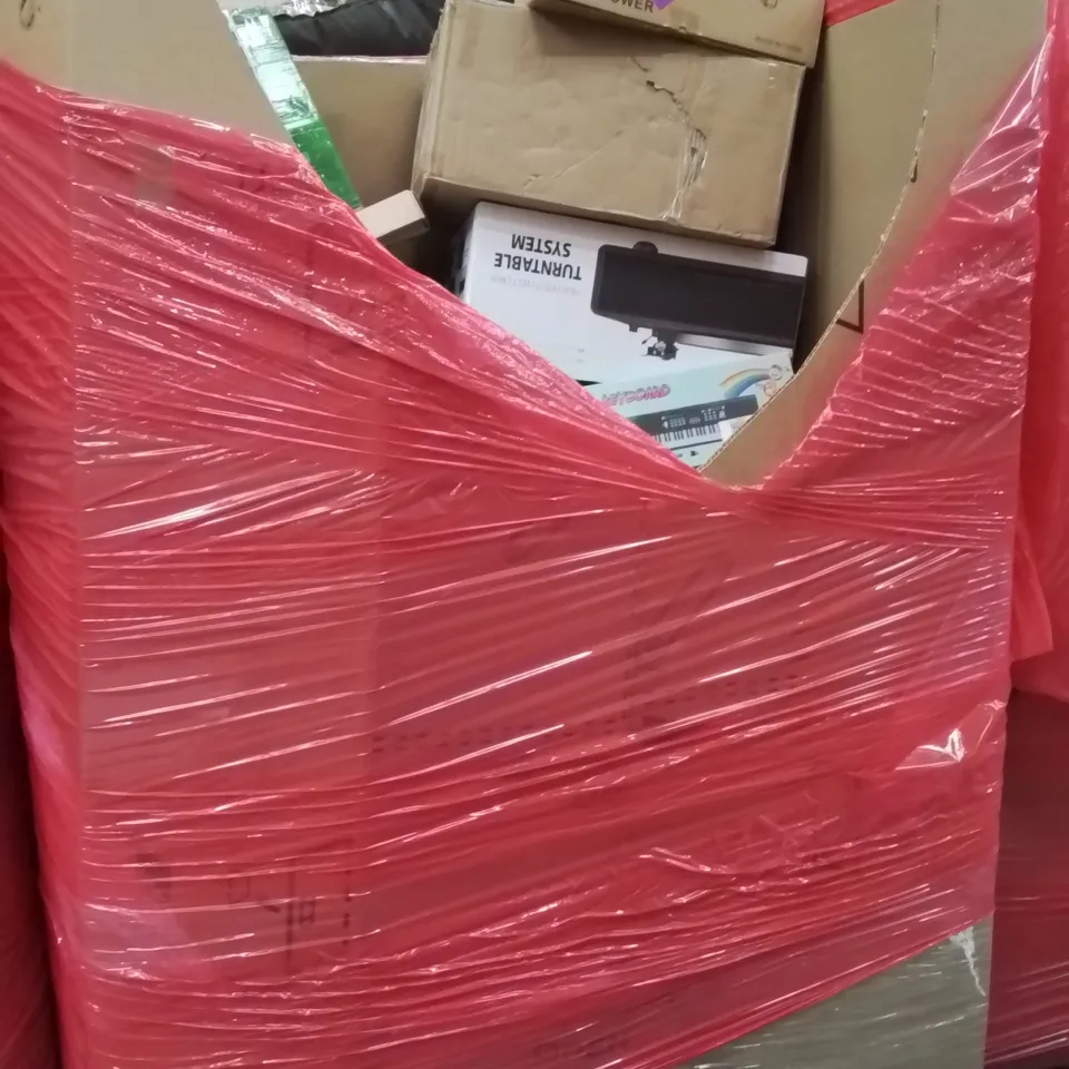 PALLET CONTAINING VARIOUS ASSORTED BOXED HOUSEHOLD ITEMS TO INCLUDE: CORDLESS LEAF BLOWER, TURNTABLE SYSTEMS, KIDS KEYBOARDS,  GAMING MATS, FLOOR CUTTING MACHINE AND LOTS MORE UNMARKED BOXED ITEMS 