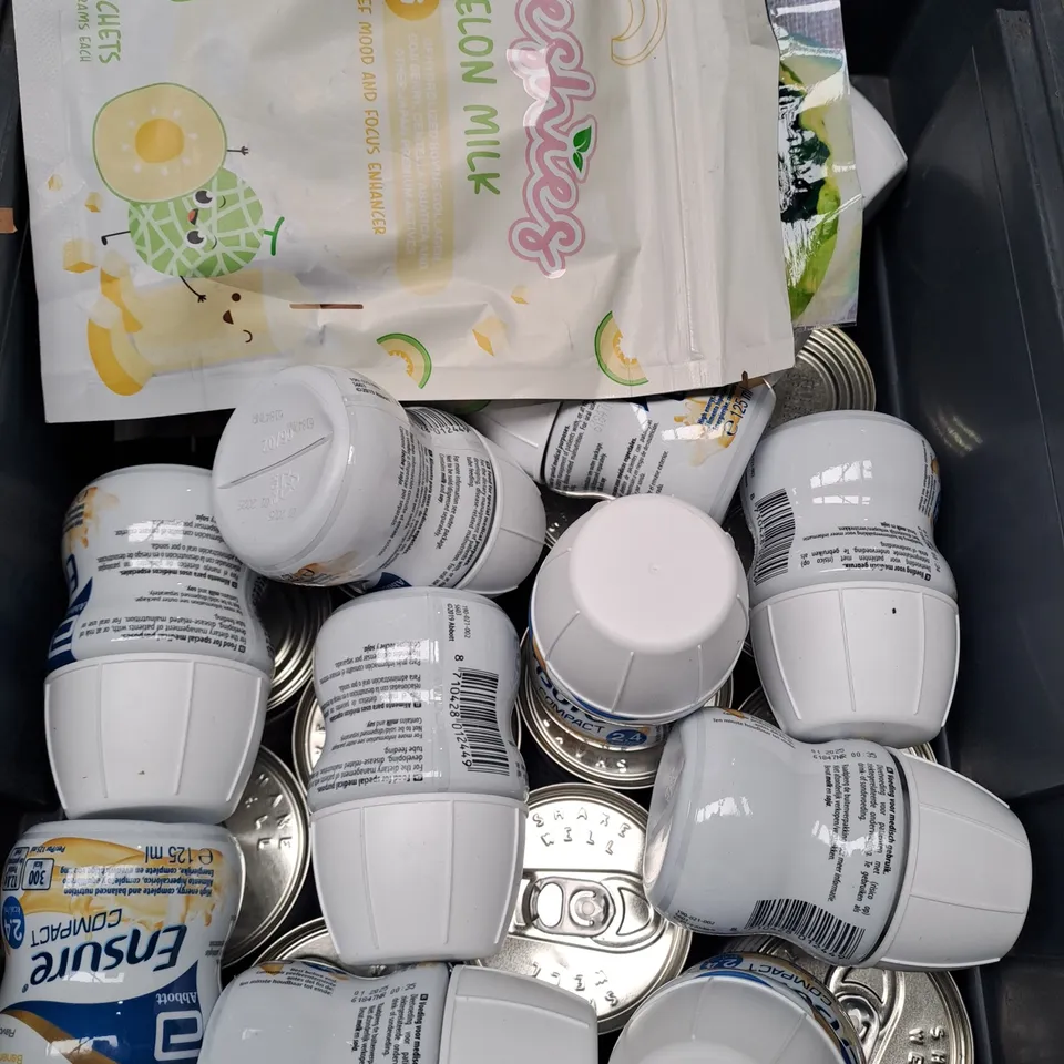 BOX OF APPROXIMATELY 20 ITEMS T INCLUDE MELO MILK, ENSURE, SEA WEED ETC