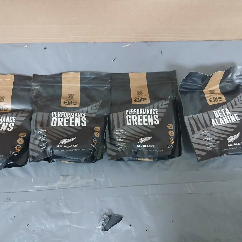 FOUR ASSORTED HEALTHSPAN ELITE POUCHES TO INCLUDE; PERFORMANCE GREENS ALL BLACKS ELITE DIETARY SUPPLEMENT 300G AND BETA ALANINE 250G