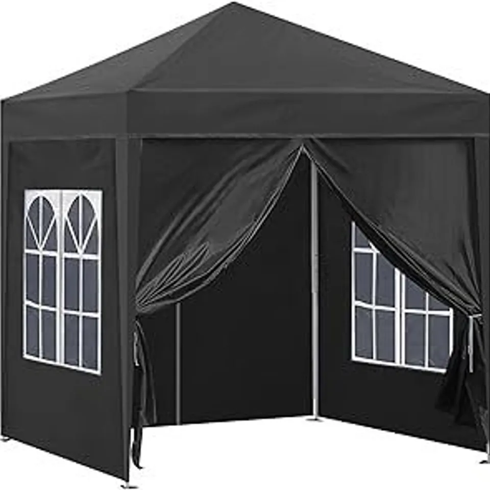 BOXED TUKAILAI PORTABLE 2X2M HEAVY DUTY POP UP GAZEBO GARDEN GAZEBO AWNING CANOPY SHELTER WITH 4 SIDE PANELS & CARRY BAG STEEL FRAME WATERPROOF FOR OUTDOOR WEDDING PARTY EVENT FOUR SEASONS BLACK