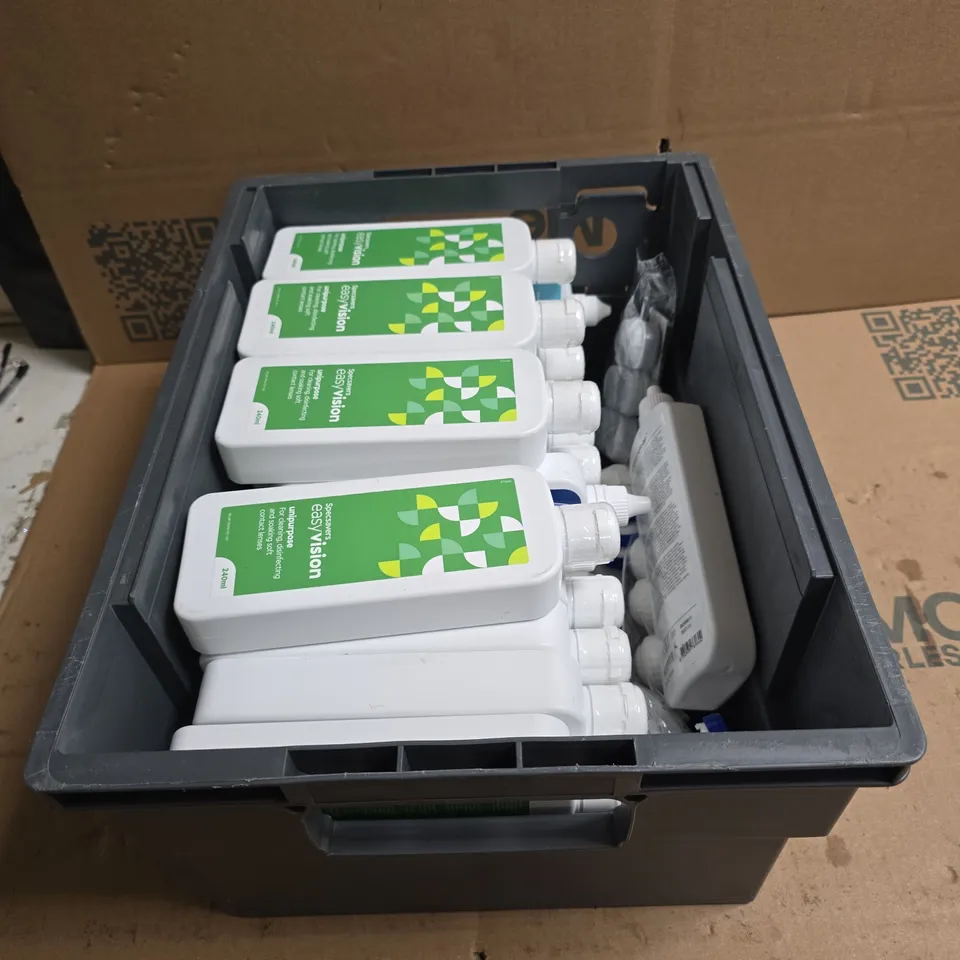 TOTE OF APPROXIMATELY 30 ASSORTED CONTACT LENS CLEANING PRODUCTS TO INCLUDE SPECSAVERS EASY VISION ETC