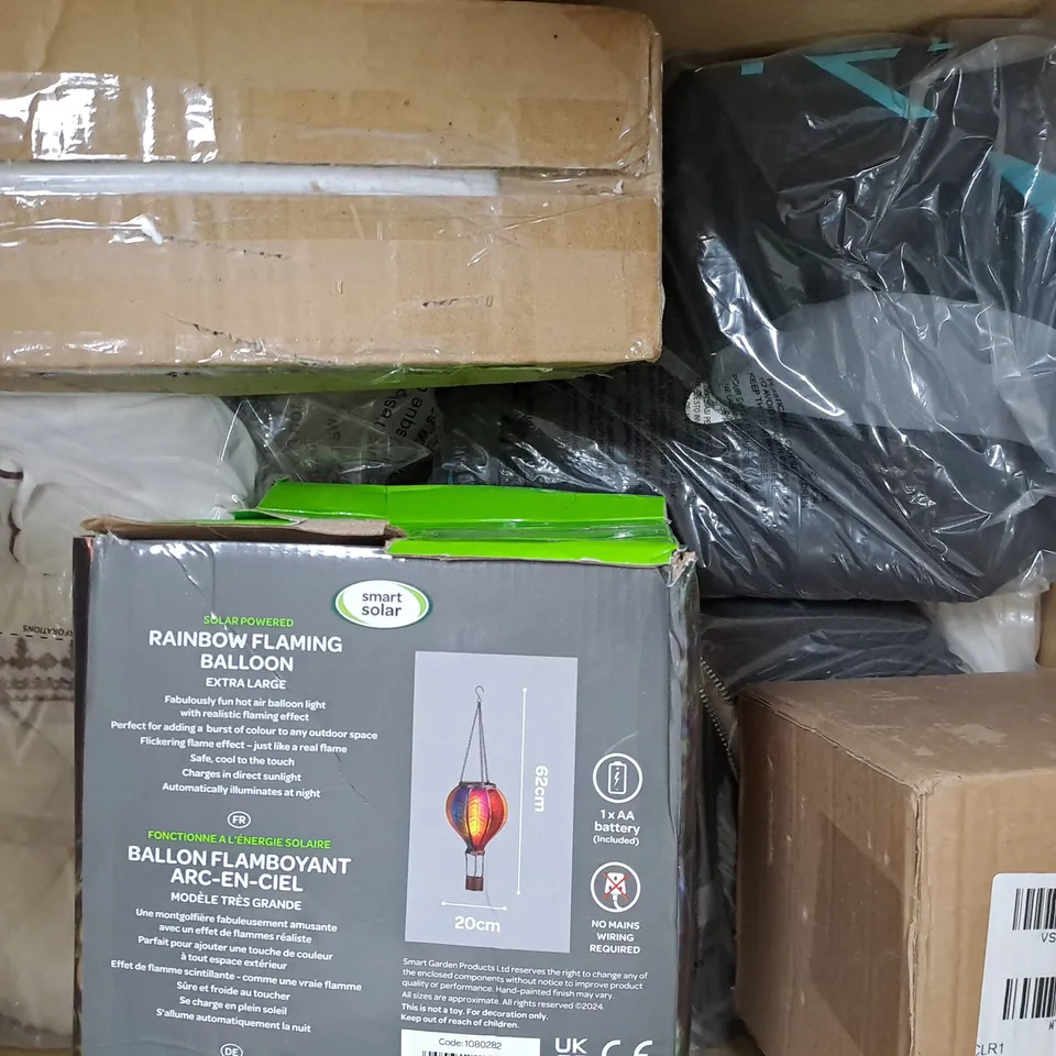BOX OF APPROXIMATELY ASSORTED CLOTHING AND HOUSEHOLD ITEMS TO INCLUDE SUN MOON STAR WINDCHIME, ETC - COLLECTION ONLY