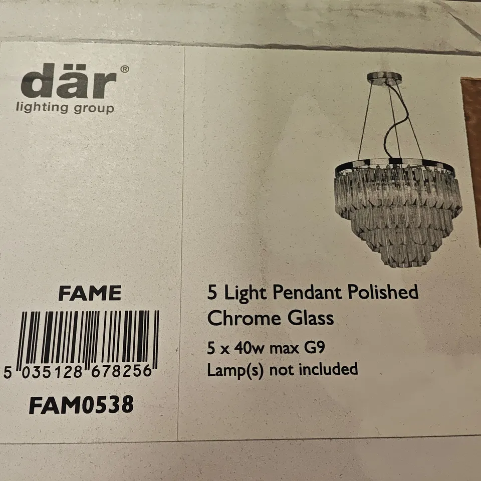 BOXED DAR FAME 5-LIGHT PENDANT CEILING LIGHT IN POLISHED CHROME AND GLASS