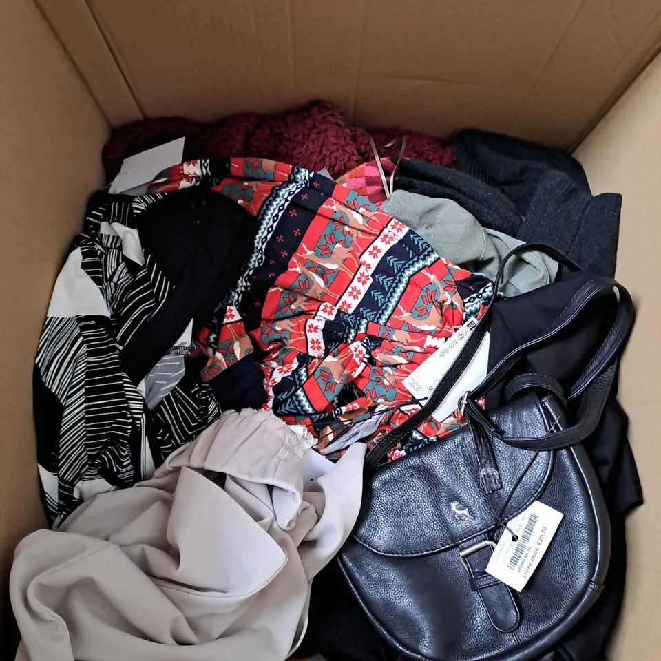 BOX OF ASSORTED CLOTHING ITEMS TOO INCLUDE COATS , TOPS, AND TROUSERS   ETC. 