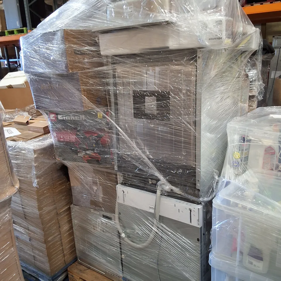 PALLET CONTAINING ASSORTED ELECTRONIC PRODUCTS & KITCHEN APPLIANCES INCLUDING DISHWASHER, EINHELL MITRE SAW, HISENSE ELECTRIC CERAMIC HOBS & DRYING WARDROBE WITH HEAT-SEALING COVER