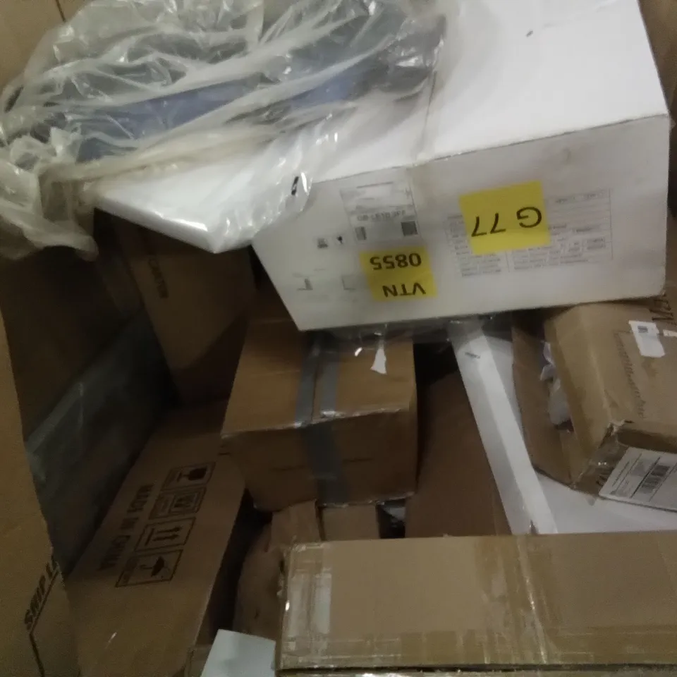 PALLET OF ASSORTED ITEMS INCLUDING INTELLIGENT FAN LIGHT, STORAGE OTTOMAN, SKYNATURE WALL CLOCK, MODENA MIRRORS, SHOPPING CART