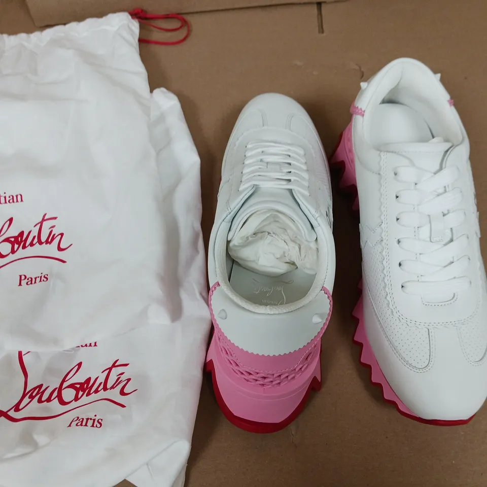 BOXED PAIR OF CHRISTIAN SOUBOUTIN LOUBI SHARK TRAINERS IN WHITE/CALIPSO