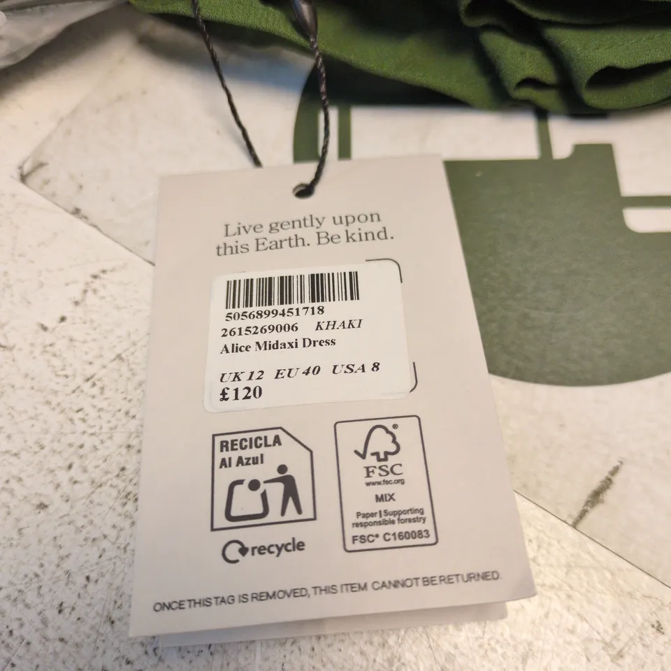 NOBODY'S CHILD KHAKI ALICE MIDAXI DRESS UK12 (EU40 US8) – WITH TAGS