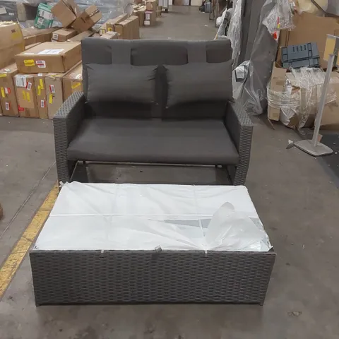 DESIGNER GREY RATTAN 2-SEATER SOFA WITH PULL-OUT GLASS TOP COFFEE TABLE