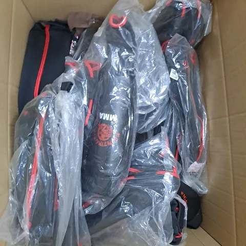 LARGE BOX OF ASSORTED MMA ITEMS TO INCLUDE SHIN GUARDS, AND GLOVES