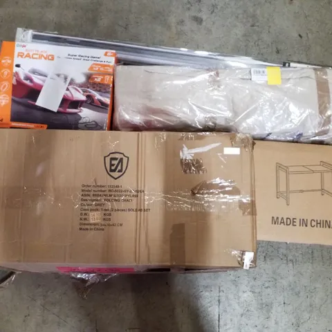 PALLET CONTAINING ASSORTED PRODUCTS INCLUDING ROLLER BLINDS, SLOT TRACK RACING, ACEXT BATHTUB SPLASH GUARD, FOLDING CHAIR & MICROWAVE GRILL STAND