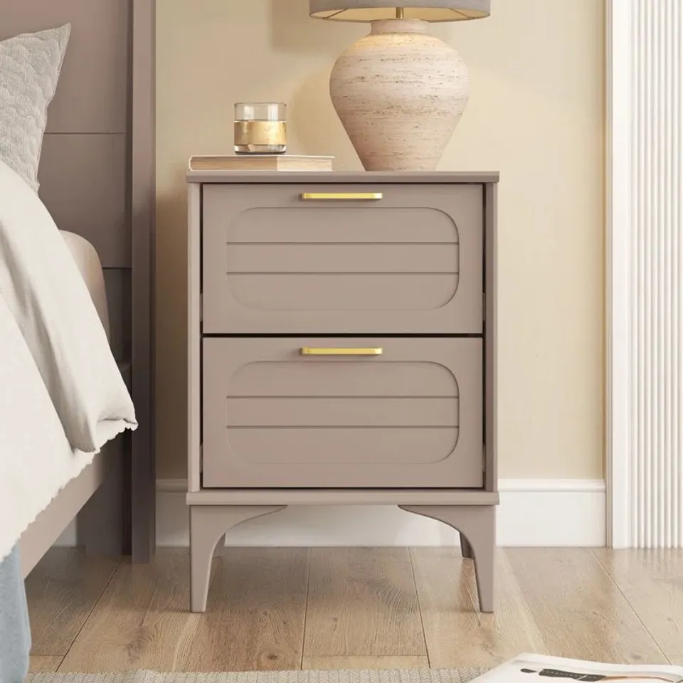 BOXED HARRINGTON 2 DRAWER BEDSIDE TABLE IN WARM TAUPE 