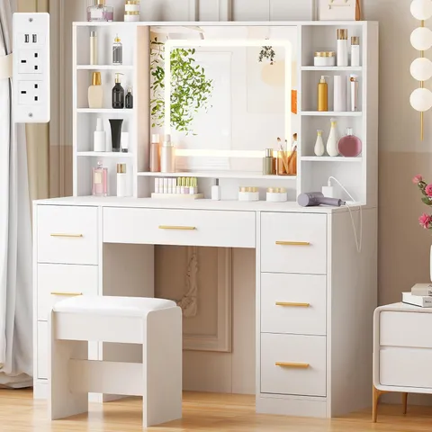 BOXED ANWBROAD DRESSING TABLE WITH LIGHTED MIRROR, POWER OUTLET, 7 DRAWER, 3 COLORS LIGHTING ADJUSTABLE BRIGHTNESS