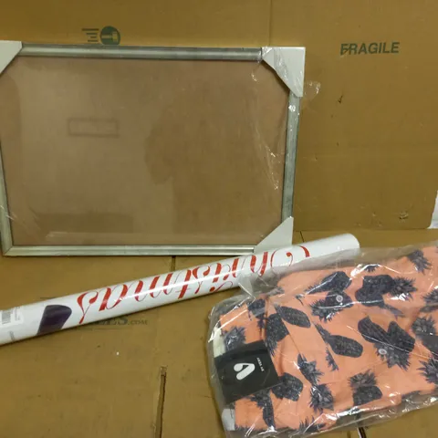 BOX OF APPROX 5 HOUSEHOLD ITEMS TO INCLUDE PICTURE FRAME, CHRISTMAS WINDOW STICKERS, VERY SHORTS (SIZE UNKNOWN)