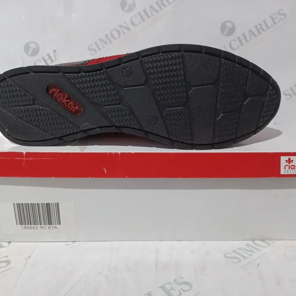 BOXED PAIR OF RIEKER RUNNING TRAINERS IN RED - SIZE 7.5