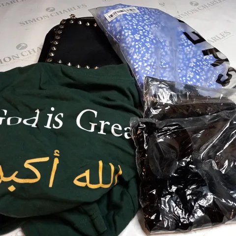BOX OF ASSORTED CLOTHING ITEMS TOO INCLUDE DRESSES , SHIRTS AND TROUSERS IN VARIOUS SIZES AND COLOURS