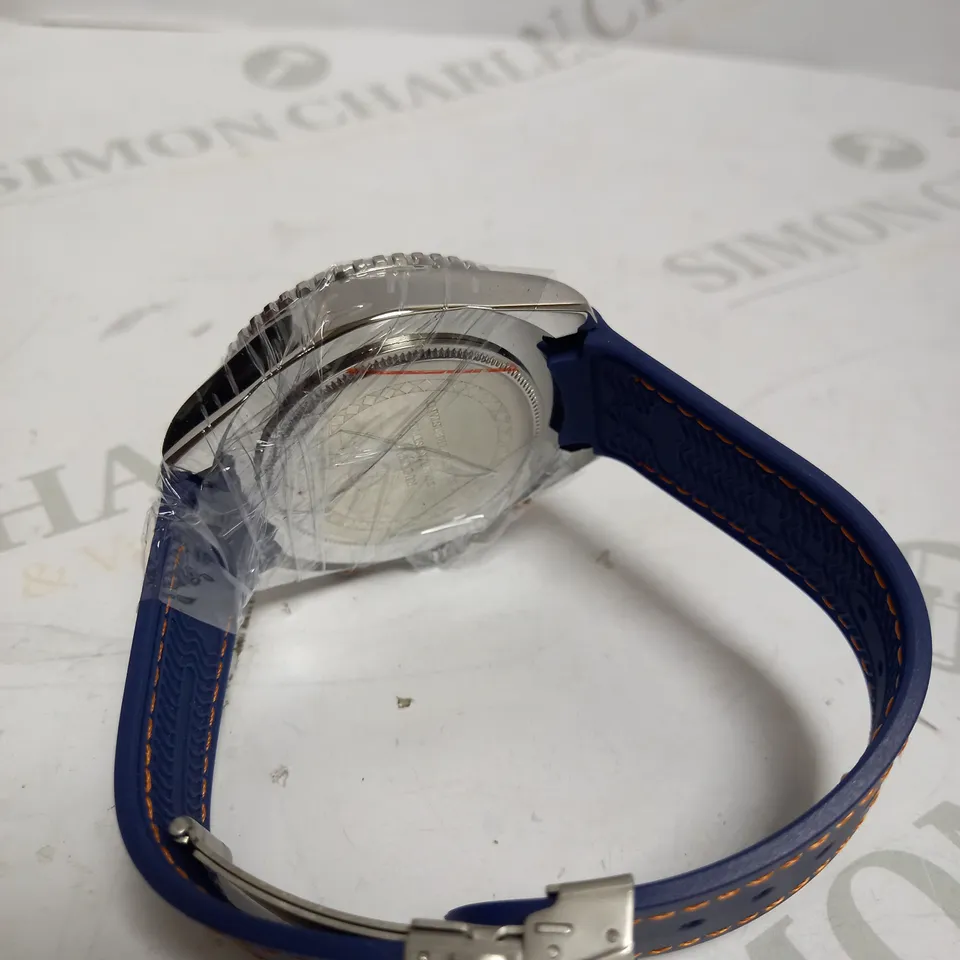 MEN’S RUCKSTUHL CHRONOGRAPH R400 WATCH – SILVER COLOUR CASE – SILVER DIAL – 3ATM WATER RESISTANT – BLUE RUBBER STRAP 