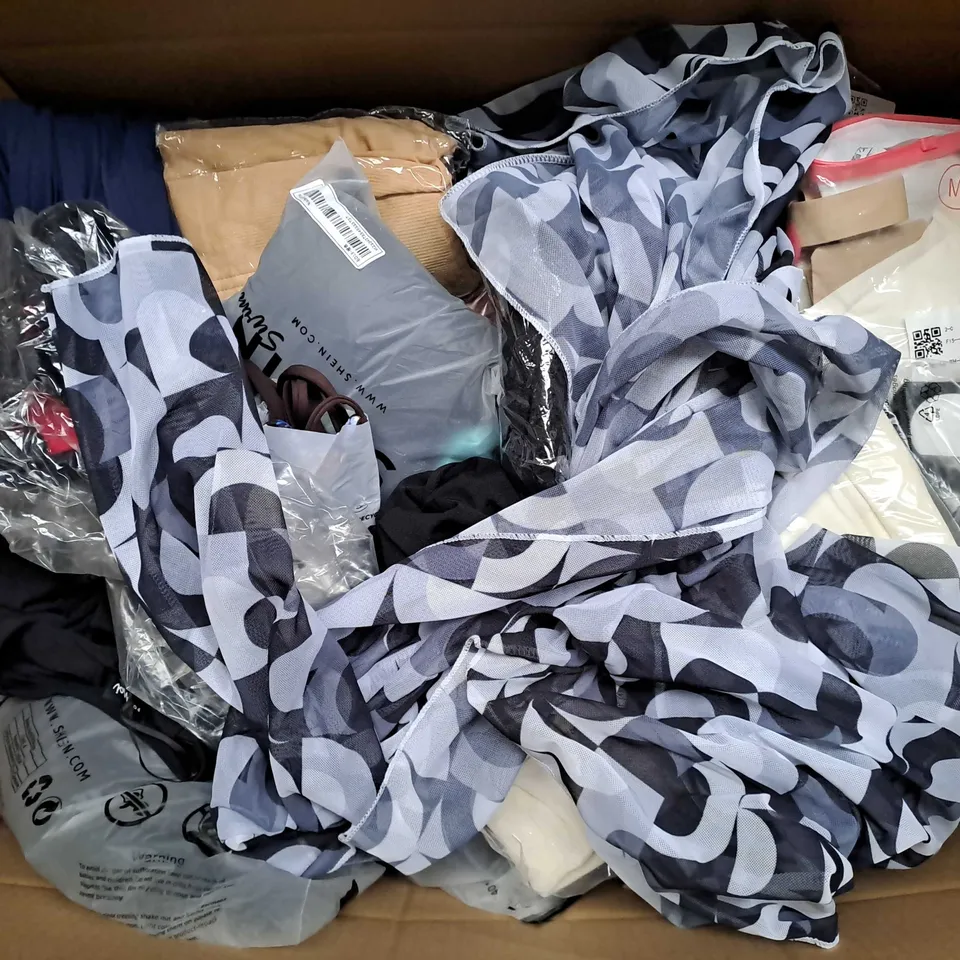BOX OF APPROXIMATELY 20 ASSORTED CLOTHING ITEMS TO INCLUDE - SHIRT , PANTS , BRA ETC