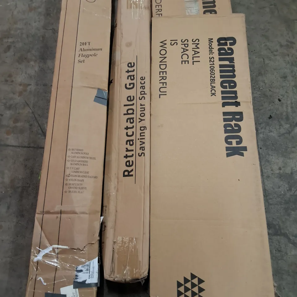 PALLET OF ASSORTED HOUSEHOLD ITEMS TO INCLUDE 20FT ALUMINIUM FLAGPOLE, GARMENT RACKS AND TABLETOP FLIP CHART PAD