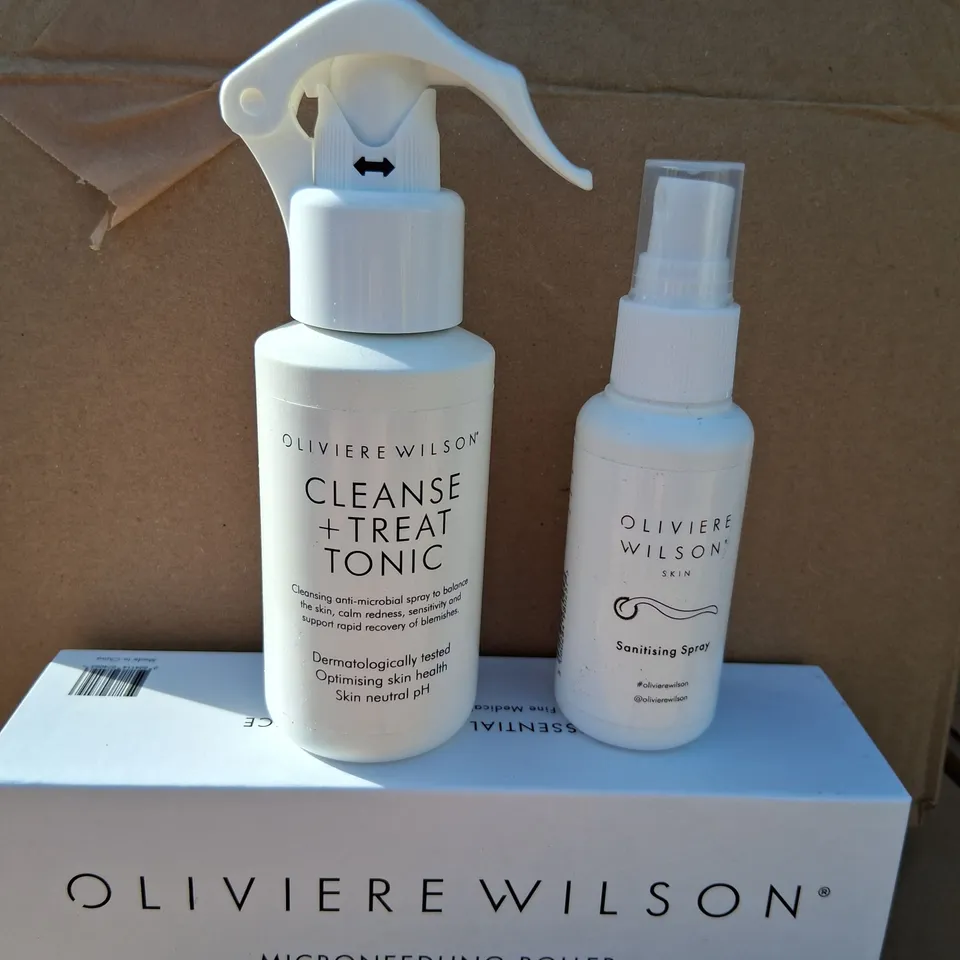 PALLET OF APPROXIMATELY 330 OLIVIERE WILSON THREE PIECE SETS TO INCLUDE; MICRONEEDLING ROLLER, CLEANSE AND TREAT TONIC AND SANITISING SPRAY