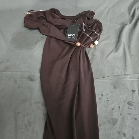 EGO MAXI DRESS IN CHOCOLATE BROWN – COWL FRONT, OPEN BACK, BEADED STRAP DETAIL, SIZE S 