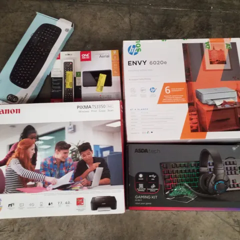 PALLET CONTAINING ASSORTED ELECTRICAL RETURNS INCLUDING CANON  PIXMA TS3350 PRINTER, HP ENVY 6020E PRINTER, GAMING KIT, AERIAL, WIRELESS HEADPHONES & UNIVERSAL REMOTE