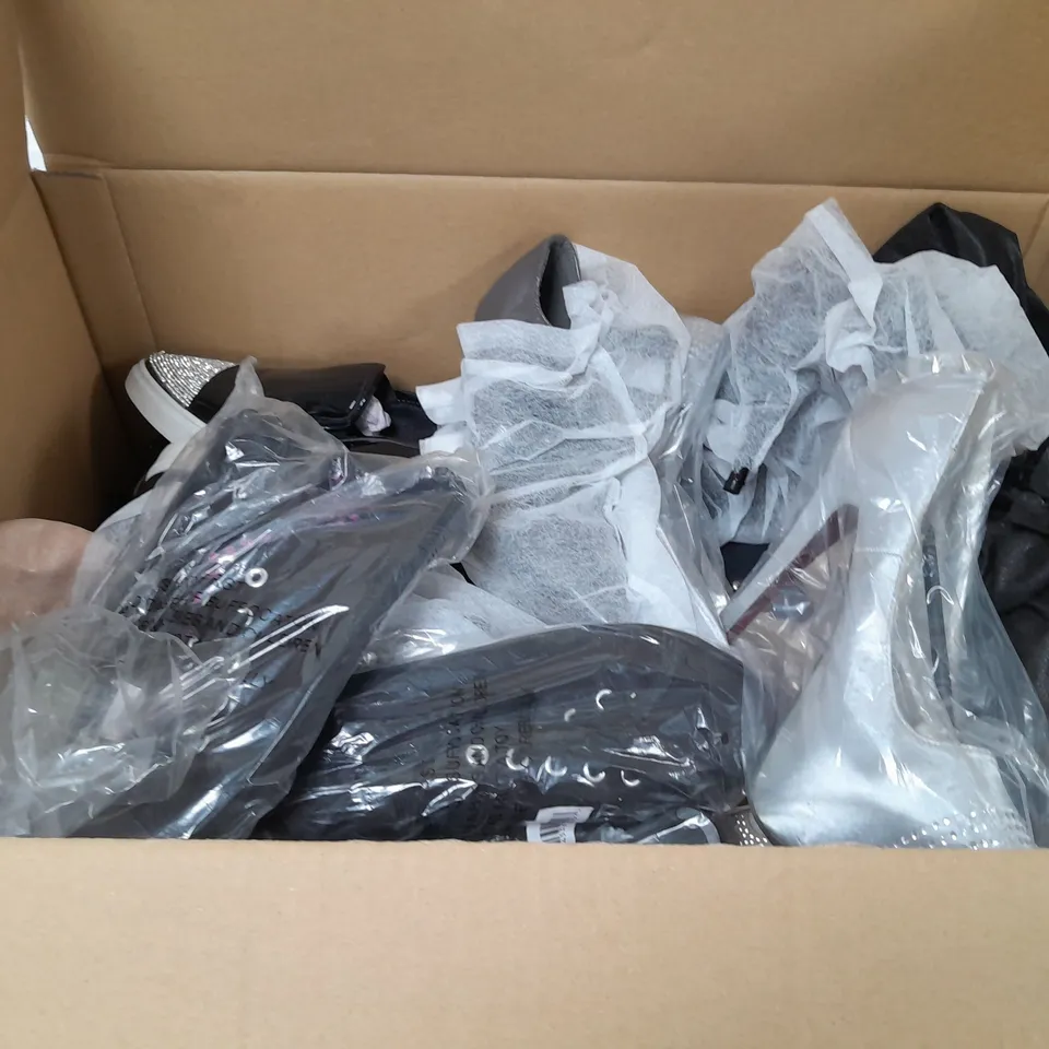 BOX OF APPROXIMATELY 10 ASSORTED WOMENS SHOES IN VARIOUS COLOURS, STYLES AND SIZES