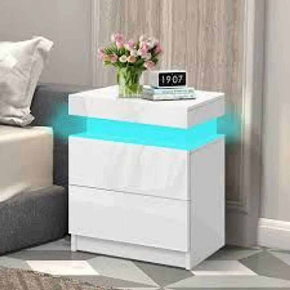 BEDSIDE TABLE RGB LED NIGHTSTAND 2 DRAWERS 4 SIDE HIGH GLOSS WHITE